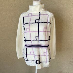 Vintage Women's Medium Cream & Purple Geometric Peplum Sweater Turtleneck READ